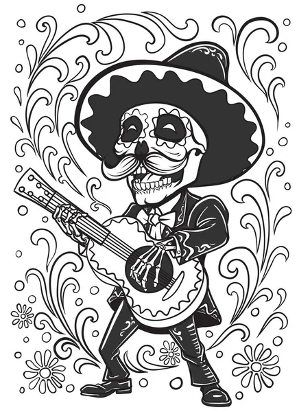 meksikalı kafatası mariachi gitar vektör illüstrasyon tasarım oynarken