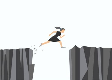 Vektör illüstrasyonu. Kayadan atlayan kadın, daha fazla fon elde etmek için yeni adımlar atıyor.