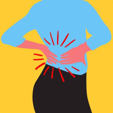 Sırtı ağrıyan bir kadının taşıyıcısı, sırt ağrısı konsepti vektör çizimi, kas veya kemik problemi.