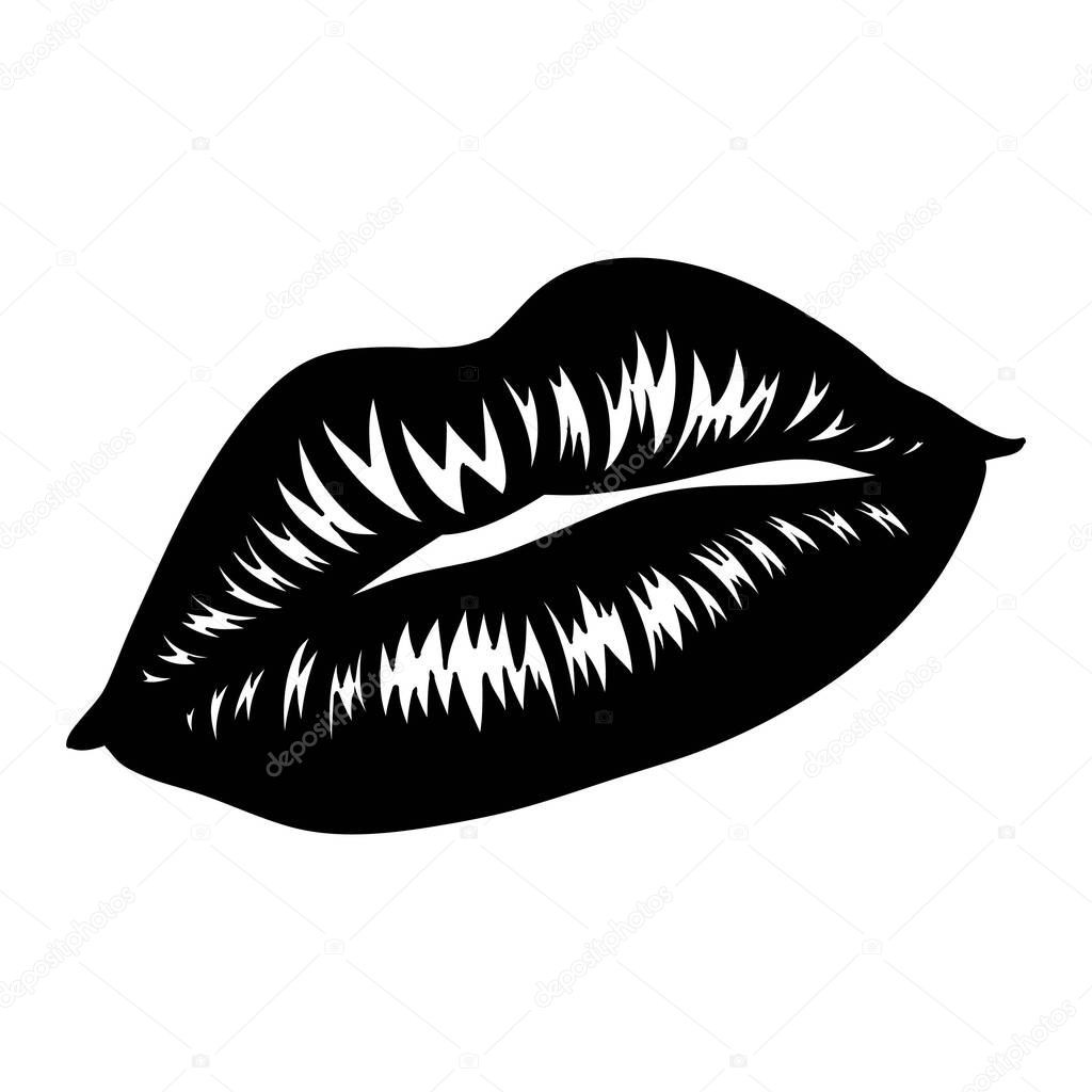 Black sexy passion lips, shining lipstick, erotic open mouth,Vector illustration