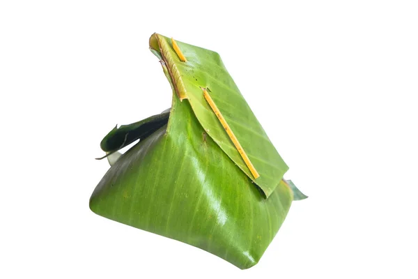 Tajski Custard Słodkim Ryżem Kokosowym Sticky Liściu Banana Izolowanym Białym — Zdjęcie stockowe
