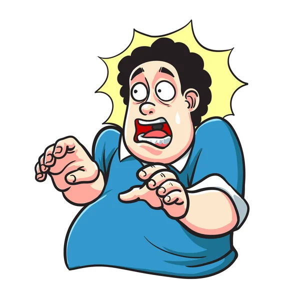 怯えた男だ 恐怖の表情 ショックを受けた男が手を上げている 否定的だ ベクターイラスト漫画風 — ストックベクタ