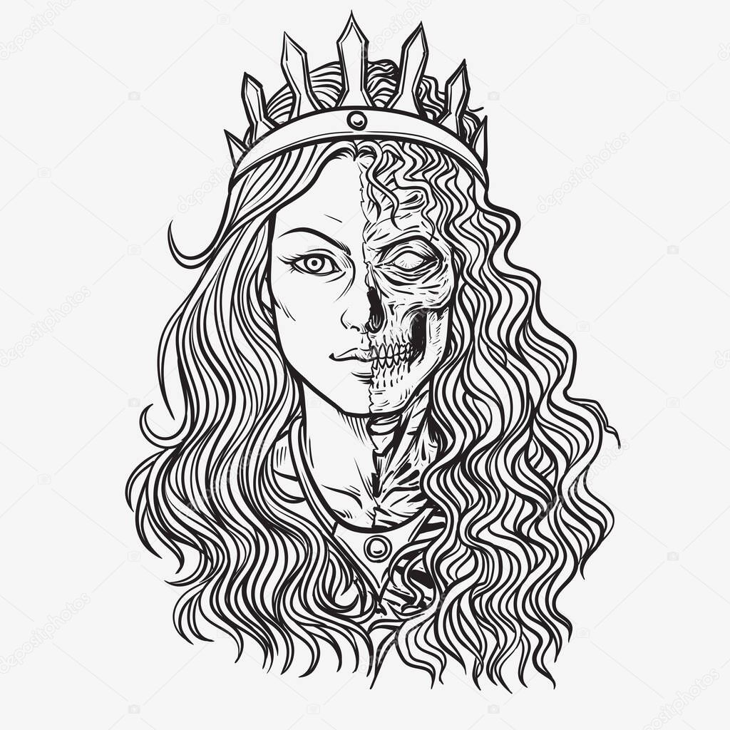Hel goddess of Norse , lady of the world of the dead. Isolated on a white background.