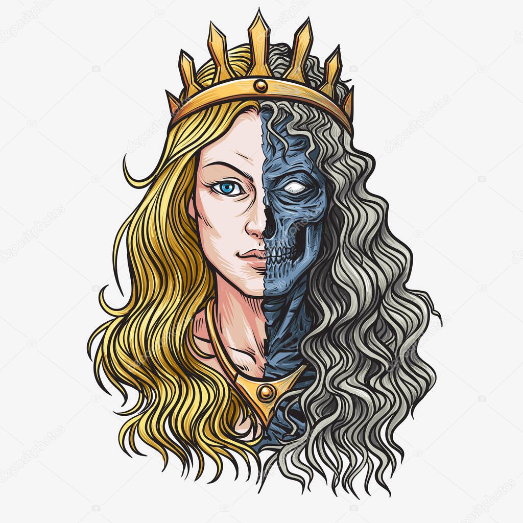 Hel goddess of Norse , lady of the world of the dead. Isolated on a white background.