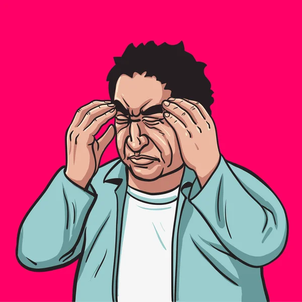 ジェスチャーの顔をした男 頭痛失望恥か 漫画風のベクトルイラスト — ストックベクタ