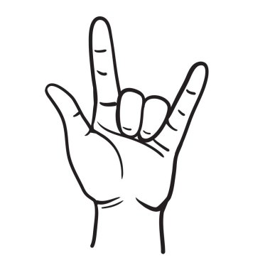 El hareketlerini seviyorum. Beyaz arka planda izole edilmiş siyah doğrusal insan eli çizimi. Kaya ve karizmanın sembolü. Vektör. Simge