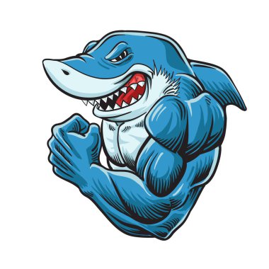 Cartoon shark mascot show his muscle arm . Vector clip art illustration with simple gradients. All in a single layer. clipart