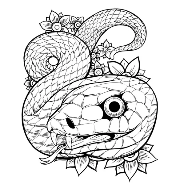 Dibujo Mano Contorno Serpiente Con Flores Serpiente Tatuaje Para Dibujo — Archivo Imágenes Vectoriales