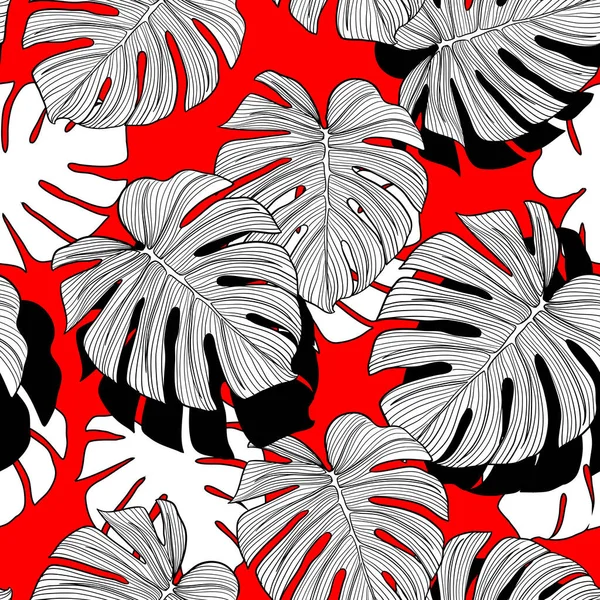 熱帯のシームレスな葉のパターン 黒と白の分割葉白の背景にブドウとPhilodendron植物 パステルヴィンテージのテーマ — ストックベクタ