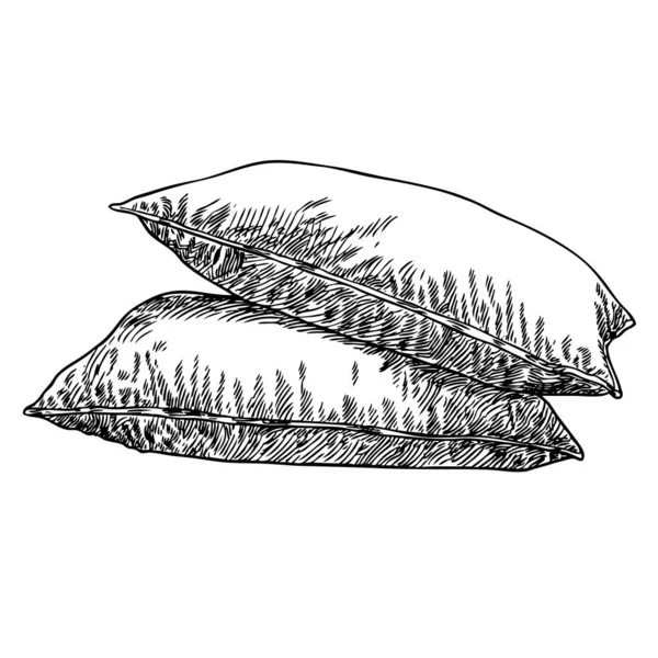 ベッド枕スケッチベクトル3枚の枕の山を手に持って白い背景に孤立したベクトルイラスト — ストックベクタ