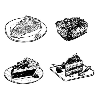 Elle çizilmiş tart, bir dilim pasta. Vektör illüstrasyonu. Beyaz arkaplanda izole edilmiş.