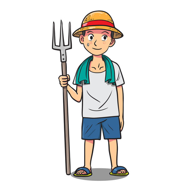 vector illustration of Cartoon young farmer holding rake, isolated on white background. Character design