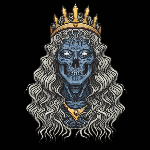 Queen Death Portrait Skull Crown Long Hair Vector Illustration — 스톡 벡터