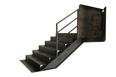 Kesme yolu olan siyah çelik merdivenler beyaz arkaplanda izole edildi.