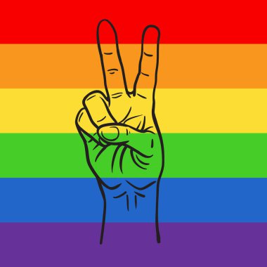 Barış sembollü gökkuşağı LGBT bayrağı. Eşcinsel gurur bayrağında altı şeritten oluşan beyaz barış sembolü. Görüntü.