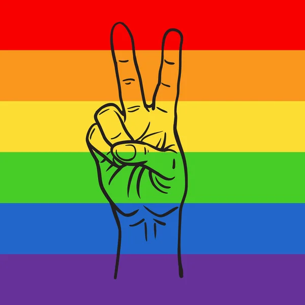 Bandera Arco Iris Lgbt Con Símbolo Mano Paz Símbolo Paz — Archivo Imágenes Vectoriales
