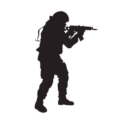 Atışa hazır asker silueti, vektör illüstrasyonu.