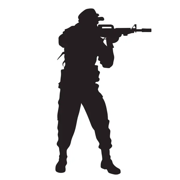 Silhouette Soldat Avec Riffle Prêt Tirer Vecteur — Image vectorielle