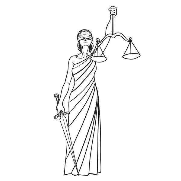 白い背景に孤立したテミス女神 スケールと剣を持った女性の正義 司法シンボル ベクトルイラスト — ストックベクタ