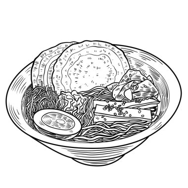 Çubuklu bir kasede el yapımı ramen çorbası. Japon eriştesi, vektör çizimi.