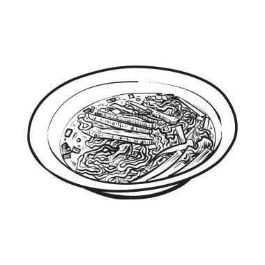 Yumurta noodle ile kırmızı domuz. Tay street gıda, sketch vektör.