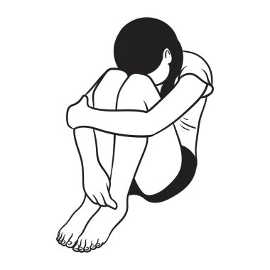 Mutsuz bir şekilde dizlerine sarılıp ağlayan üzgün bir kızın vektör sunumu. Depresyondaki kadın.