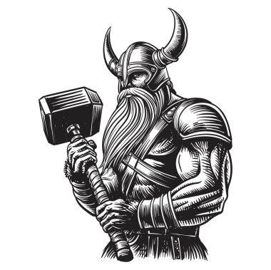 Savaş Çekici ile Viking, Ortaçağ Savaşçısı, vektör İllüstrasyonu.