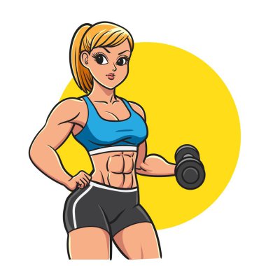 Güçlü kadın çizgi film karakteri. Elinde dambıllar olan kız. Spor Salonu Posteri.