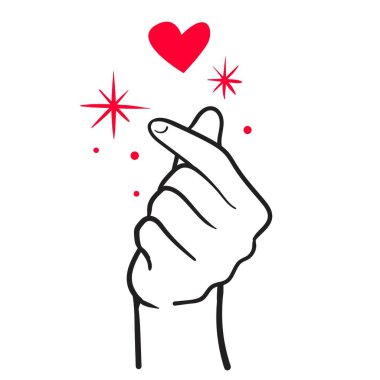 Kore Kalbi, Popüler İşaret İşareti Başparmağı ve İşaret Parmağı, El Çizimi Vektör İllüstrasyonu