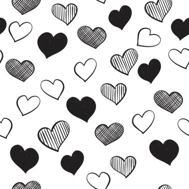 Elle çizilmiş karalamalı kalpler pürüzsüz desen. Sevgililer Günü kalp çizimleri doku geçmişi.