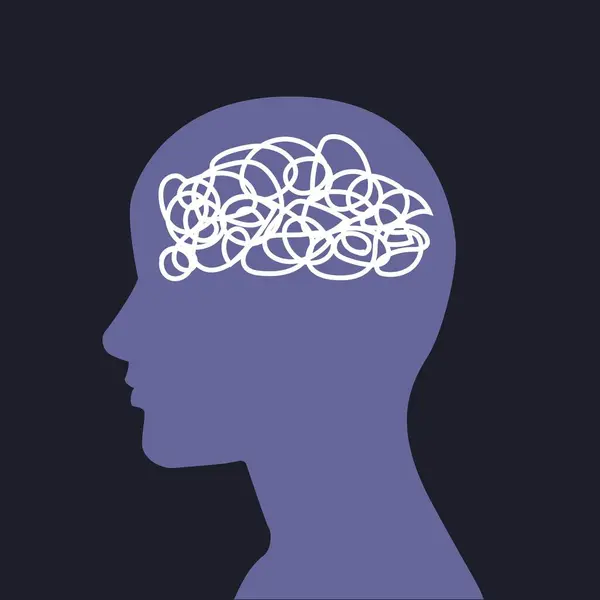 İnsan kafasının silueti, içinde birbirine dolanmış bir çizgi, kaotik düşünce süreci, kafa karışıklığı, kişilik bozukluğu ve depresyon kavramı. Vektör illüstrasyonu.
