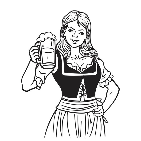 Vector black and white line art illustration of a pretty waitress with a mug of beer.