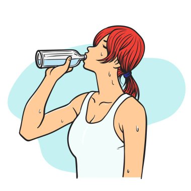 Şişeden su içen susamış genç bir kadın. düz vektör illüstrasyonu