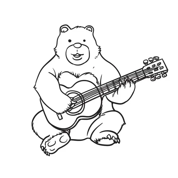 Bear Playing Guitar Coloring Pages Kids Vector Illustration — Stockvektor