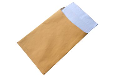 Brown Envelope document with paper isolated on white background with clipping pat