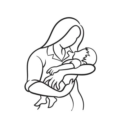 Mutlu annenin çizdiği çizgi çocuğu tutuyor. Bebek taşıyan kadın. Çocuk Bebek Vektör İllüstrasyonu.