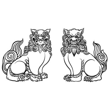 Shisa 'nın tasviri. Shisas, Okinawalı koruyucu aslanlardır..