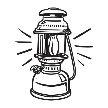 Retro fener çizimi. Lamba klasik siyah-beyaz. El çizimi tasarım vektörü illüstrasyonu.