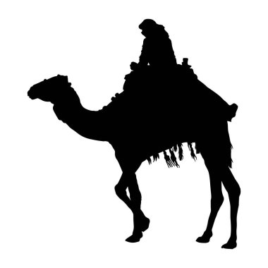 Deveye binen bir gezginin siyah silueti, deve silueti vektörü..