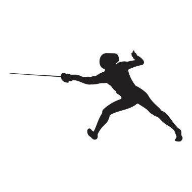 Eskrimci portresi vektör silueti, beyaz arka planda izole edilmiş. Eskrim yarışması. Kılıç dövüşü. Siyah kılıç eğitimi.
