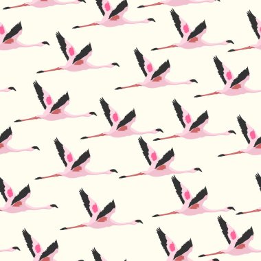 uçan flamingo deseni pürüzsüz, parmak izi, giysi, ambalaj ve kartpostallar için düz vektör çizimi.
