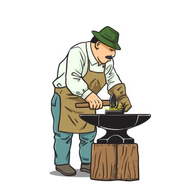 Demirhanede balyozla çalışan bir demirci. Profesyonel metal ustası çekiç sıcak çelik üreten metal ustası. Çizgi film düz vektör çizimi