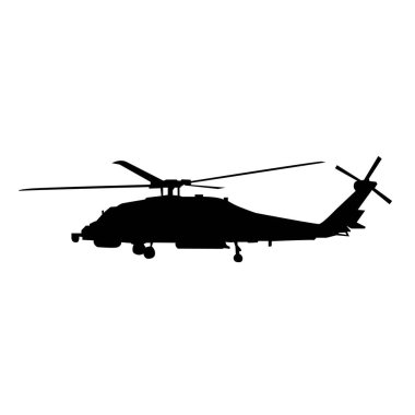 Helikopter silueti vektörü, askeri helikopter pervanesi, siyah beyaz.