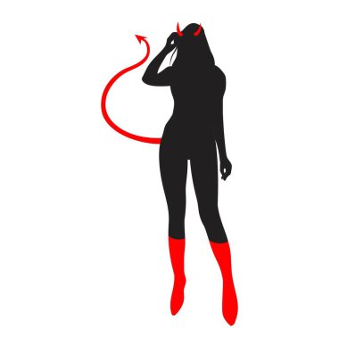 Seksi kırmızı ve siyah renkli şeytan kız silueti ve vektör çizim sanatı, dövme tasarımı