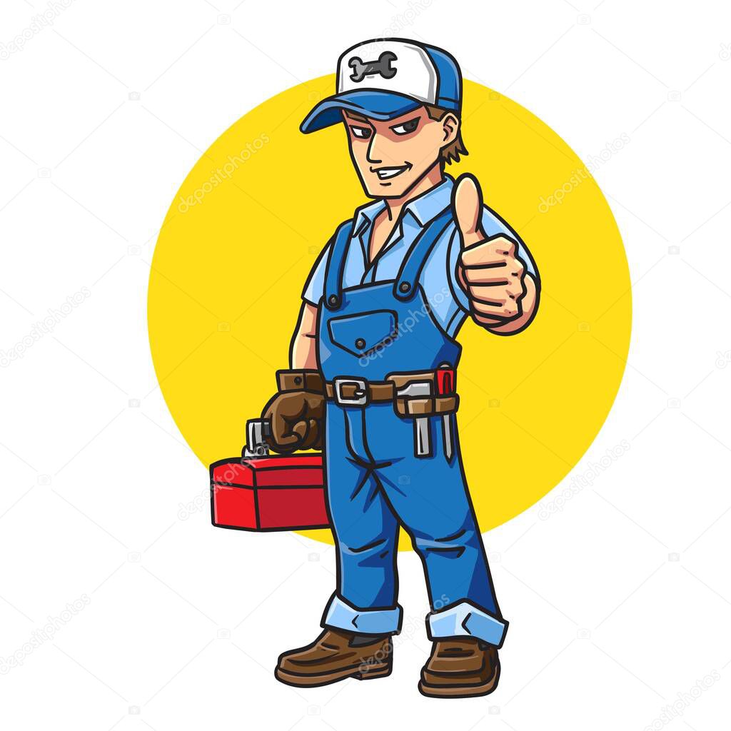 Engineer technician cartoon character, Wearing Protective Gear, Stands Confidently, Cartoon People Vector Illustration.