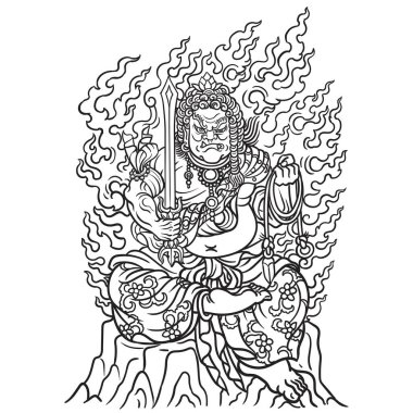 Guardian deity Fudo Myoo surrounded by flames, antique, Japan, line drawing, vector illustration. clipart