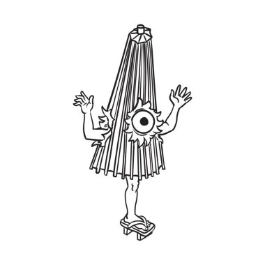 Kasa-obake(Haunted umbrella) is a Japanese yokai with the body of an umbrella, one eye, an overly-long tongue, and one leg in place of the handle. Japanese texts means 