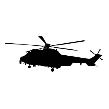 Helikopter silueti vektörü, askeri helikopter pervanesi, siyah beyaz.