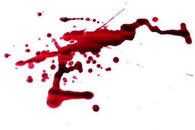 Kan damlaları. Kırmızı lekeler, kesme yolu olan beyaz arka planda izole edilmiş korkunç kan lekeleri..