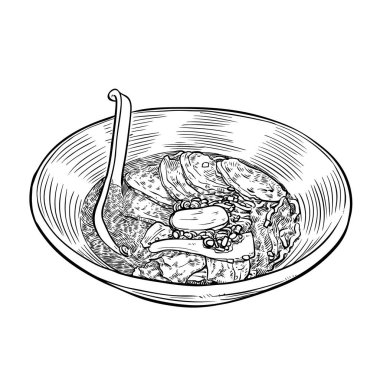 Eskiz El, erişte yumurtalı deniz yosunu ve etle klasik Ramen çorbası. Geleneksel Japon eriştesi veya Çin çorbası, vektör illüstrasyonu..